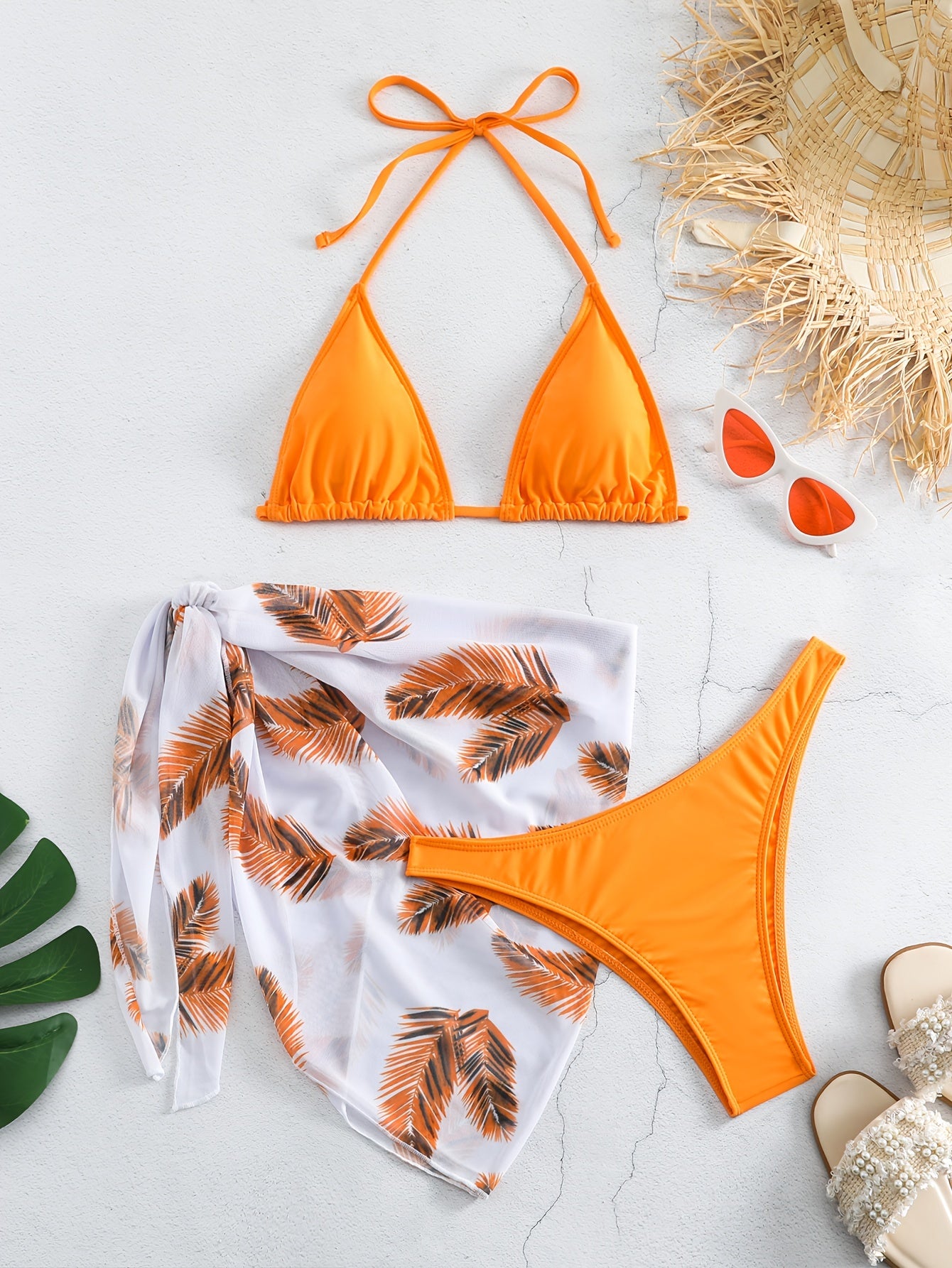 3-Piece Feather Print Bikini Sets, Halter Neck Tie Back Backless High Cut With Cover Up Wrap Swimsuit, Women's Swimwear & Clothing